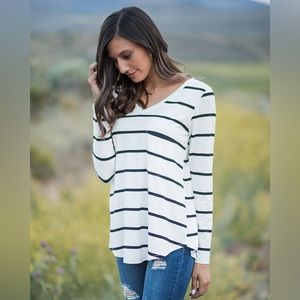 Grace & Lace White with Black Stripe Long Sleeve Perfect Pocket Tee